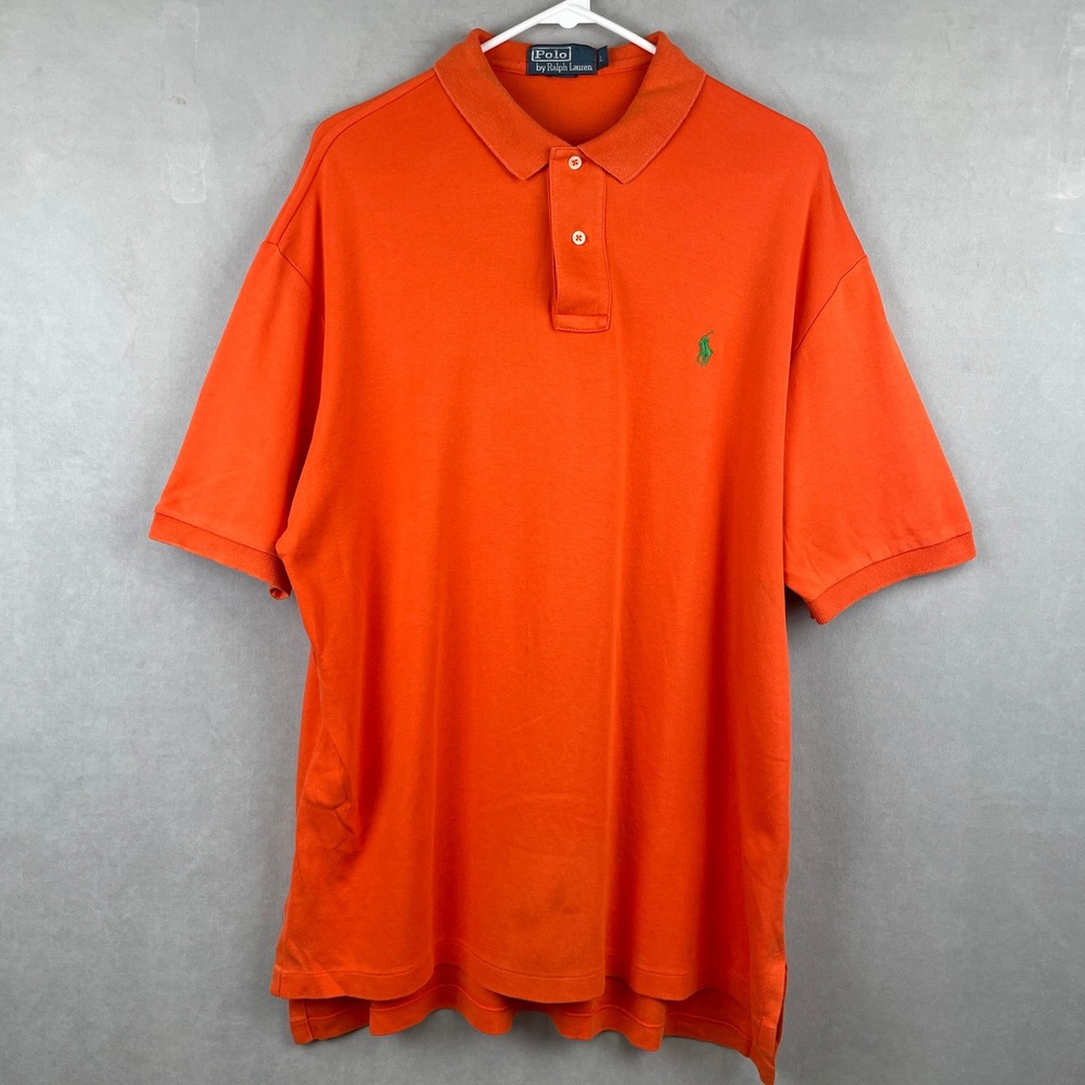 VTG Polo Ralph Lauren L Orange Short Sleeve Cotton Polo Shirt Green‎ Pony Preppy